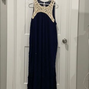 Long flowing navy dress with crochet top